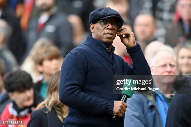 Former Footballer Ian Wright looks on as they present on ITV Sport prior to the Emirates FA Cup Quarter Final match between Manchester United and...