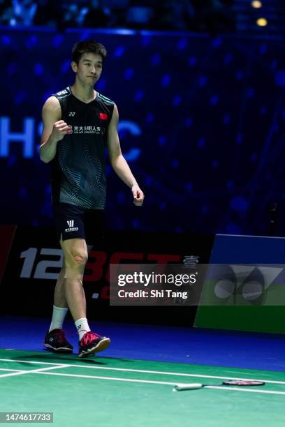 Li Shifeng of China celebrates the victory in the Men's Single Final match against Shi Yuqi of China on day six of the Yonex All England Badminton...