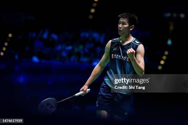 Li Shifeng of China reacts in the Men's Single Final match against Shi Yuqi of China on day six of the Yonex All England Badminton Championships at...