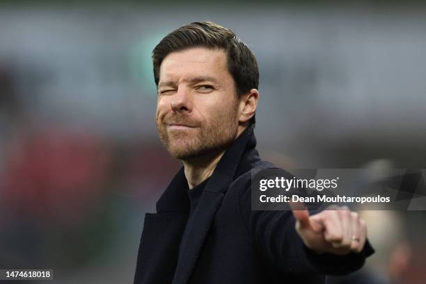 Xabi Alonso, Head Coach of Bayer 04 Leverkusen, reacts during the Bundesliga match between Bayer 04 Leverkusen and FC Bayern München at BayArena on...