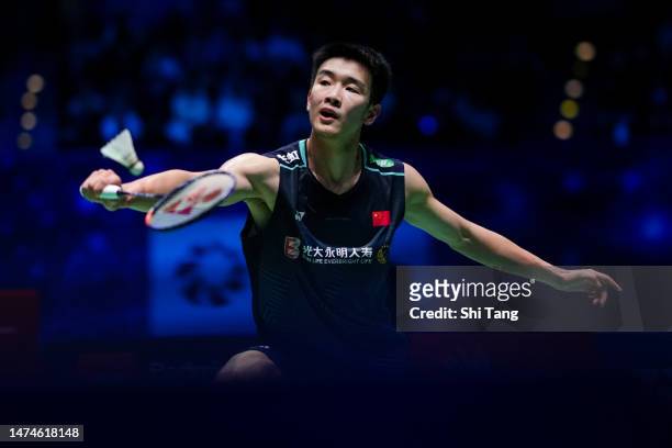 Li Shifeng of China competes in the Men's Single Final match against Shi Yuqi of China on day six of the Yonex All England Badminton Championships at...