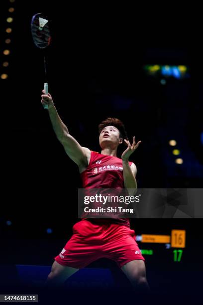 Shi Yuqi of China competes in the Men's Single Final match against Li Shifeng of China on day six of the Yonex All England Badminton Championships at...