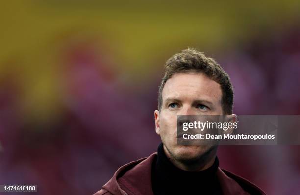 Julian Nagelsmann, Head Coach of FC Bayern Munich, looks on during the Bundesliga match between Bayer 04 Leverkusen and FC Bayern München at BayArena...