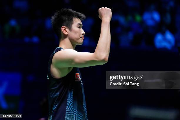 Li Shifeng of China celebrates the victory in the Men's Single Final match against Shi Yuqi of China on day six of the Yonex All England Badminton...