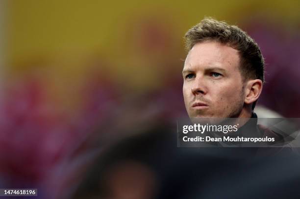 Julian Nagelsmann, Head Coach of FC Bayern Munich, looks on during the Bundesliga match between Bayer 04 Leverkusen and FC Bayern München at BayArena...