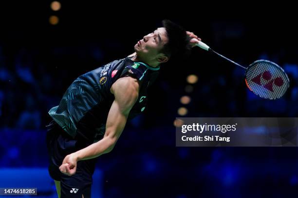 Li Shifeng of China competes in the Men's Single Final match against Shi Yuqi of China on day six of the Yonex All England Badminton Championships at...