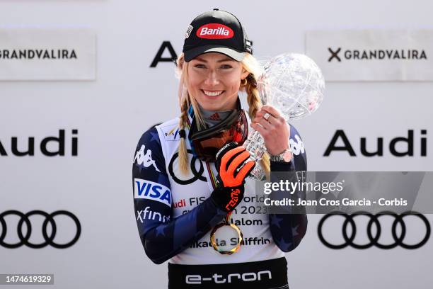 Mikaela Shiffrin of the United States celebrates her Women's Giant Slalom victory with the Crystal Globe during the Audi FIS Alpine Ski World Cup...