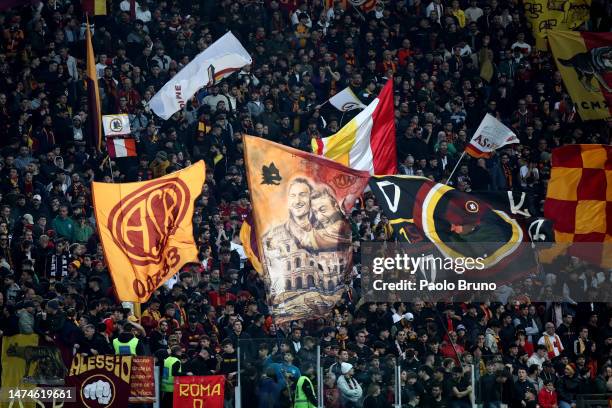 General view of AS Roma fans waving flags to show support prior to the Serie A match between SS Lazio and AS Roma at Stadio Olimpico on March 19,...