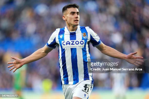 Ander Barrenetxea of Real Sociedad celebrates after scoring the team's second goal during the LaLiga Santander match between Real Sociedad and Elche...