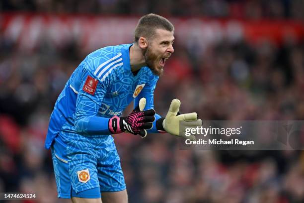 David De Gea of Manchester United reacts during the Emirates FA Cup Quarter Final match between Manchester United and Fulham at Old Trafford on March...