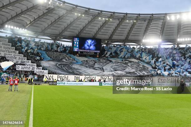 Lazio supporters prior the Serie A match between SS Lazio and AS Roma at Stadio Olimpico on March 19, 2023 in Rome, Italy.