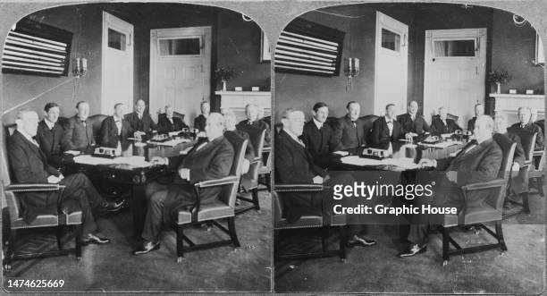 Stereoscopic image showing American politician William Gibbs McAdoo, Secretary of the Treasury, American politician James Clark McReynolds, Attorney...