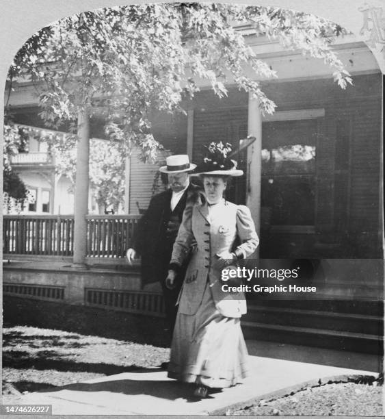 Stereoscopic image showing American politician William Howard Taft and his wife, Helen Herron Taft, after leaving their cottage on Middle Bass Island...