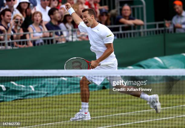 Philipp Kohlschreiber of Germany reacts after winning his Gentlemen's Singles third round match against Lukas Rosol of the Czech Republic on day six...