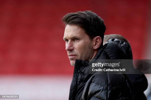 Gareth Taylor, Manager of Manchester City, looks on prior to the Vitality Women's FA Cup match between Aston Villa and Manchester City at Poundland...