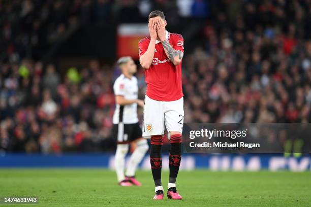 Wout Weghorst of Manchester United reacts during the Emirates FA Cup Quarter Final match between Manchester United and Fulham at Old Trafford on...