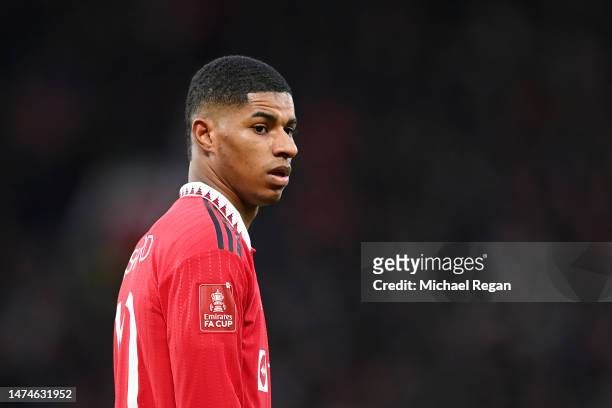 Marcus Rashford of Manchester United looks on during the Emirates FA Cup Quarter Final match between Manchester United and Fulham at Old Trafford on...