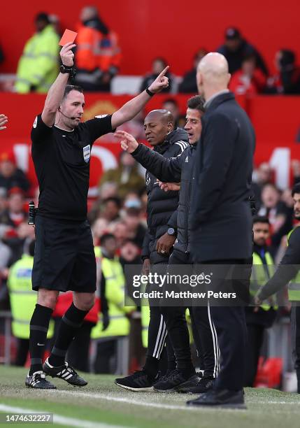 Manager Marco Silva of Fulham is sent off by referee Chris Kavanagh during the Emirates FA Cup Quarter-Final match between Manchester United and...