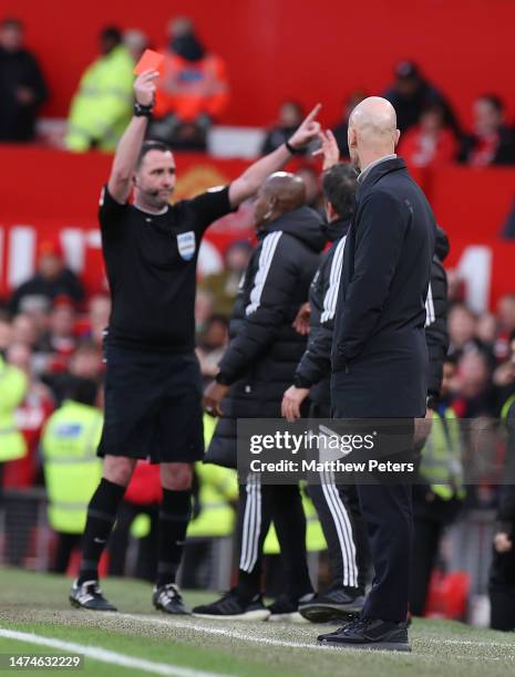 Manager Marco Silva of Fulham is sent off by referee Chris Kavanagh during the Emirates FA Cup Quarter-Final match between Manchester United and...