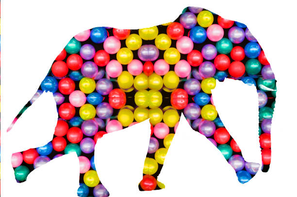 composite image, elephant with balloons. - zoo art stock pictures, royalty-free photos & images