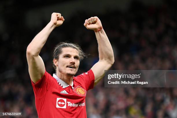 Marcel Sabitzer of Manchester United celebrates after scoring the team's second goal during the Emirates FA Cup Quarter Final match between...