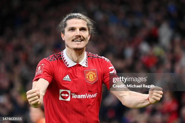 Marcel Sabitzer of Manchester United celebrates after scoring the team's second goal during the Emirates FA Cup Quarter Final match between...