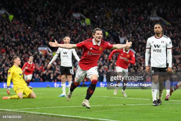 Marcel Sabitzer of Manchester United celebrates after scoring the team's second goal during the Emirates FA Cup Quarter Final match between...