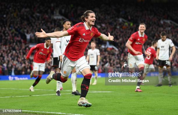 Marcel Sabitzer of Manchester United celebrates after scoring the team's second goal during the Emirates FA Cup Quarter Final match between...