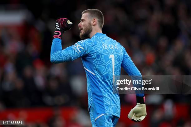 David De Gea of Manchester United celebrates after Marcel Sabitzer of Manchester United scores the team's second goal during the Emirates FA Cup...