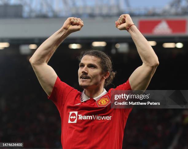 Marcel Sabitzer of Manchester United celebrates scoring their second goal during the Emirates FA Cup Quarter-Final match between Manchester United...