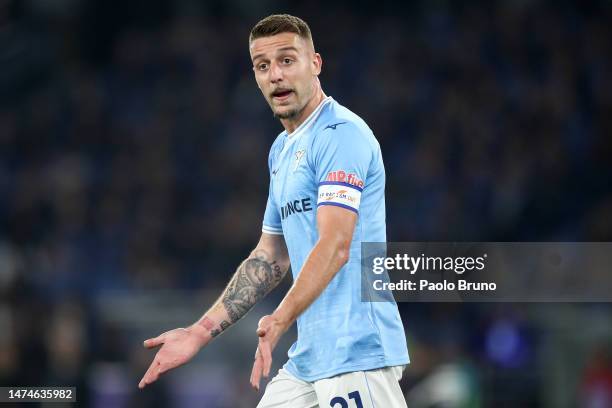 Sergej Milinkovic-Savic of SS Lazio reacts during the Serie A match between SS Lazio and AS Roma at Stadio Olimpico on March 19, 2023 in Rome, Italy.