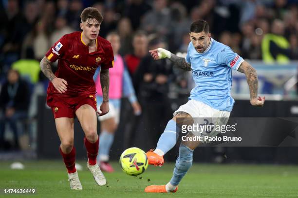 Mattia Zaccagni of SS Lazio scores the team's first goal during the Serie A match between SS Lazio and AS Roma at Stadio Olimpico on March 19, 2023...