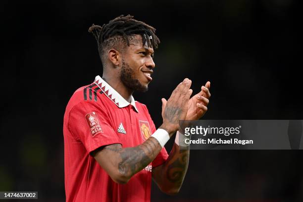 Fred of Manchester United celebrates victory after the Emirates FA Cup Quarter Final match between Manchester United and Fulham at Old Trafford on...