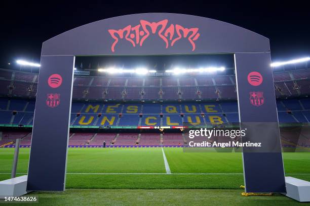 General view inside the stadium as the logo of Spanish Singer-Songwriter, Rosalia is seen prior to the LaLiga Santander match between FC Barcelona...