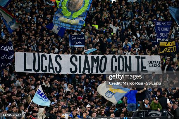Lazio Supporters hold a banner for Lucas Leiva during the Serie A match between SS Lazio and AS Roma at Stadio Olimpico on March 19, 2023 in Rome,...