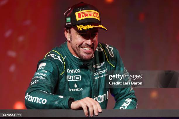 Third placed Fernando Alonso of Spain and Aston Martin F1 Team celebrates on the podium during the F1 Grand Prix of Saudi Arabia at Jeddah Corniche...