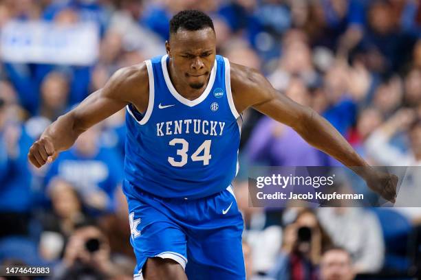 Oscar Tshiebwe of the Kentucky Wildcats reacts during the first half against the Kansas State Wildcats in the second round of the NCAA Men's...