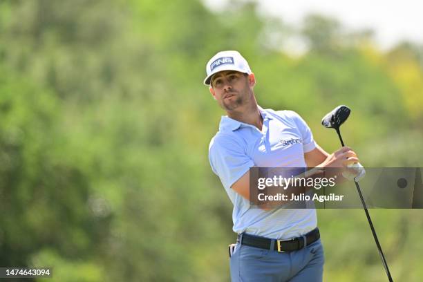 Taylor Moore of the United Statesf watches his shot from the second tee during the final round of the Valspar Championship at Innisbrook Resort and...