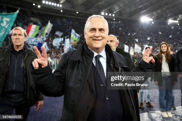 Claudio Lotito, President of SS Lazio, celebrates following the Serie A match between SS Lazio and AS Roma at Stadio Olimpico on March 19, 2023 in...