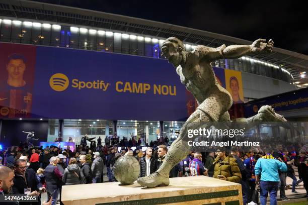 Detailed view of a statue of Ladislao Kubala is seen outside the stadium prior to the LaLiga Santander match between FC Barcelona and Real Madrid CF...