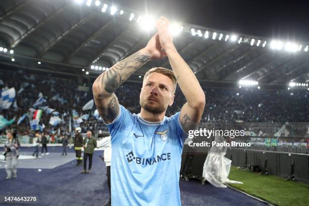 Ciro Immobile of SS Lazio celebrates following the Serie A match between SS Lazio and AS Roma at Stadio Olimpico on March 19, 2023 in Rome, Italy.