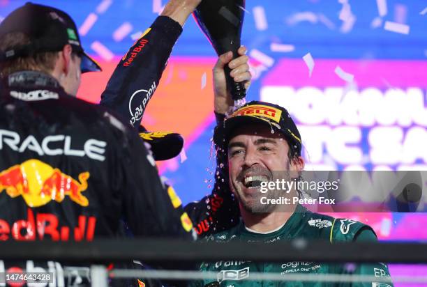 Third placed Fernando Alonso of Spain and Aston Martin F1 Team celebrates on the podium during the F1 Grand Prix of Saudi Arabia at Jeddah Corniche...