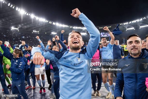 Ciro Immobile of SS Lazio celebrates after the Serie A match between SS Lazio and AS Roma at Stadio Olimpico on March 19, 2023 in Rome, Italy.