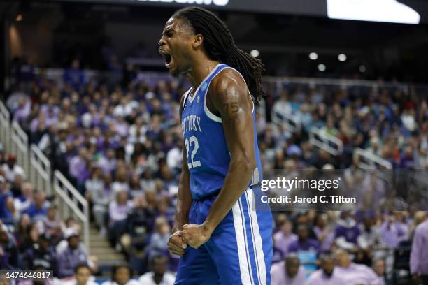 Cason Wallace of the Kentucky Wildcats reacts during the first half against the Kansas State Wildcats in the second round of the NCAA Men's...