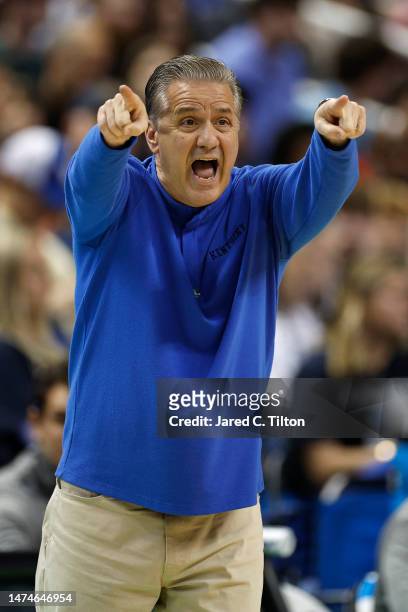 Head coach John Calipari of the Kentucky Wildcats reacts during the first half against the Kansas State Wildcats in the second round of the NCAA...
