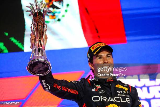 Sergio Perez of Mexico and Red Bull Racing celebrates finishing in first position during the F1 Grand Prix of Saudi Arabia at Jeddah Corniche Circuit...