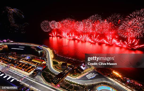 General view of fireworks at the podium celebrations following the race win of Sergio Perez of Mexico and Oracle Red Bull Racing during the F1 Grand...