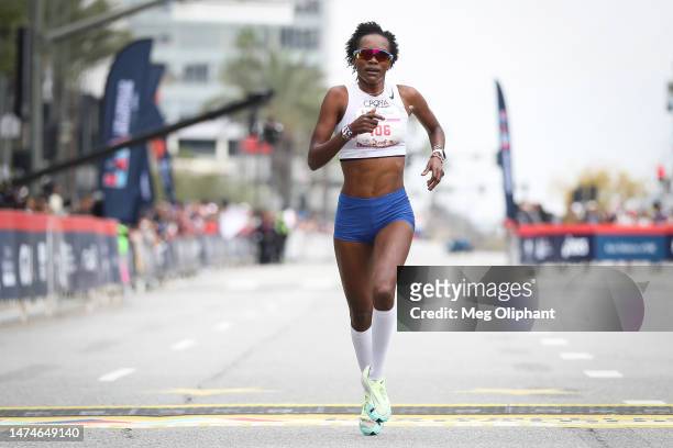 Grace Kahura of Kenya finishes third in the Los Angeles Marathon on March 19, 2023 in Los Angeles, California.