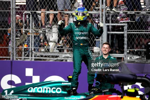 Third placed Fernando Alonso of Spain and Aston Martin F1 Team celebrates in parc ferme during the F1 Grand Prix of Saudi Arabia at Jeddah Corniche...