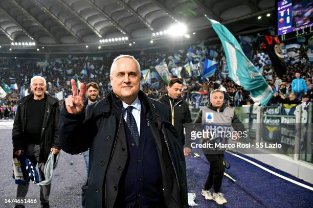Lazio President Claudio Lotito celebrates victory after the Serie A match between SS Lazio and AS Roma at Stadio Olimpico on March 19, 2023 in Rome,...